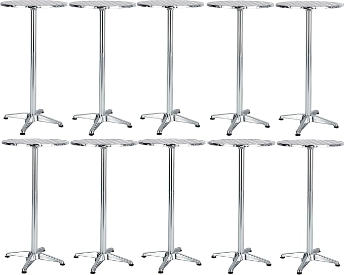BTEXPERT Set of 10, Aluminum Indoor Outdoor 23.75" Round Restaurant Bar Height 45" Table, Patio Stainless Steel Silver Furniture 25.75" Base, Flip Top