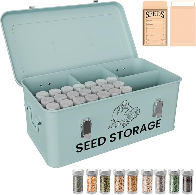 Seed Storage Organizer Box, Metal Seed Box, Garden Seed Organizer with Lid, Seed Containers Storage with 5 Compartments, 30 Seed Holder Organizers, 100pcs Seed Envelopes (Blue)