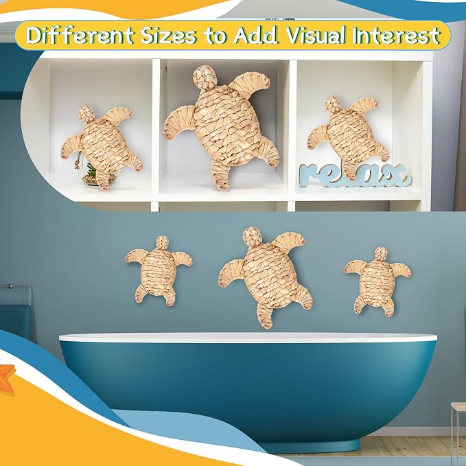 Threehoney 3 Pcs Sea Turtle Beach Theme Decor 3 Size Handmade Wicker Turtle Wall Decor Sea Life Hanging Wall Art Coastal Nautical Sculpture Table Decoration for Boho Bathroom Indoor Outdoor Ornament