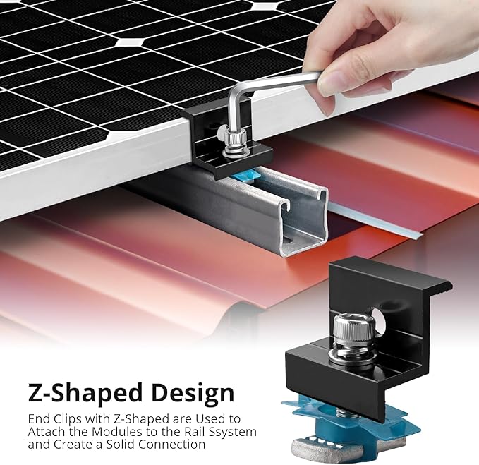 Anbte 10 PCS Solar Panel Mounting Brackets for Unistrut, Aluminium 30mm/35mm 6 x T-Shaped Mid Clamps + 4 x End Clamps, Solar Panel Mounting Kit for Metal, Tin, Flat, Sheet Roofs, RV, Black
