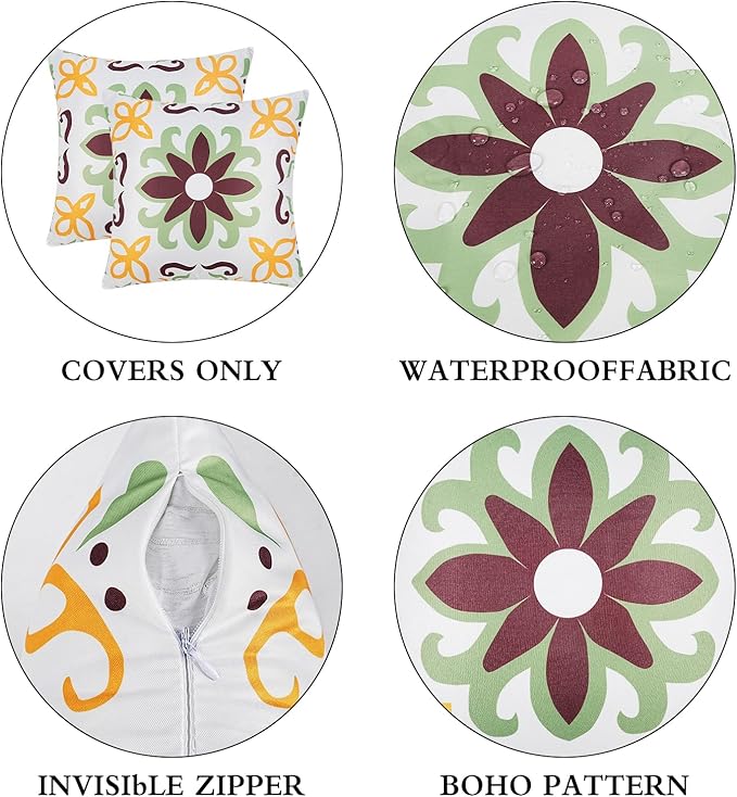 Pyonic Sage Green Outdoor Pillows Waterproof Throw Pillow Covers Set of 4 Floral Printed Spring Summer Outdoor Pillow Covers for Patio Funiture Garden 18x18 Inch