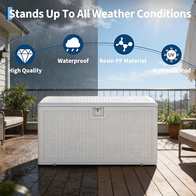 Garvee 120 Gallon Waterproof Large Resin Deck Box Indoor Outdoor, Lockable Storage Container for Patio Furniture Tools, Waterproof Deck Box with Hydraulic Rod Patio Storage Bin for Pool Garden, White