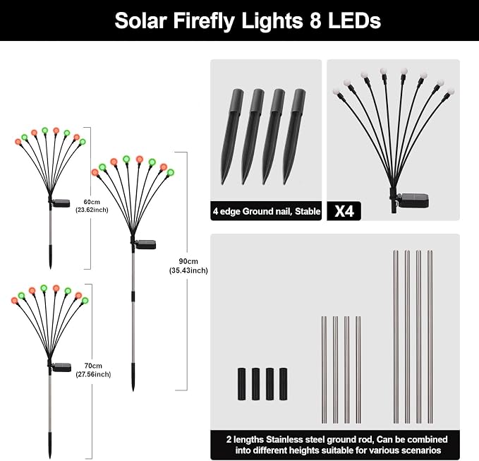 Solar Firefly Lights Red and Green, 4 Pack 800mAh Swaying Firefly Garden Lights Solar Powered Outdoor Waterproof for Yard Patio Lawn Pathway Walkway Stake Christmas Decor (Red & Green 4Pack)