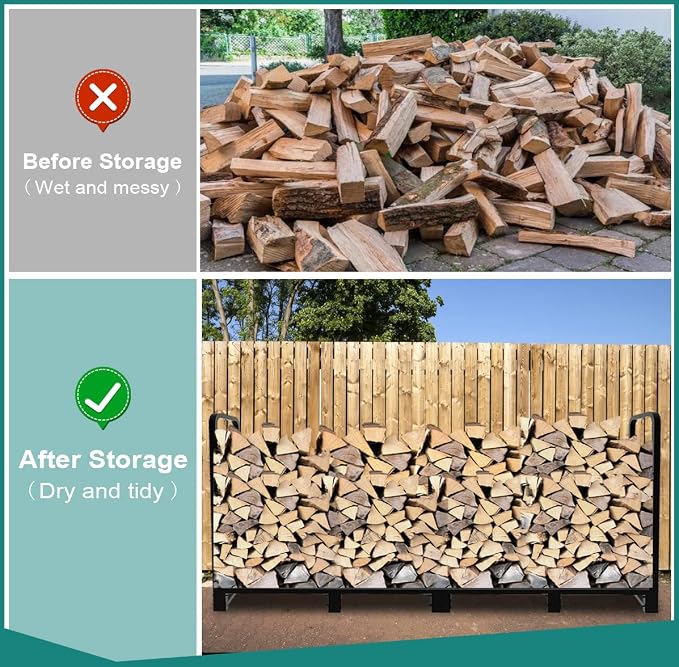 8Ft Firewood Rack Adjustable Fireplace Wood Holder for Outdoor Indoor Storage Log-Heavy Duty Fire Log Lumber Stand Stacker, Black