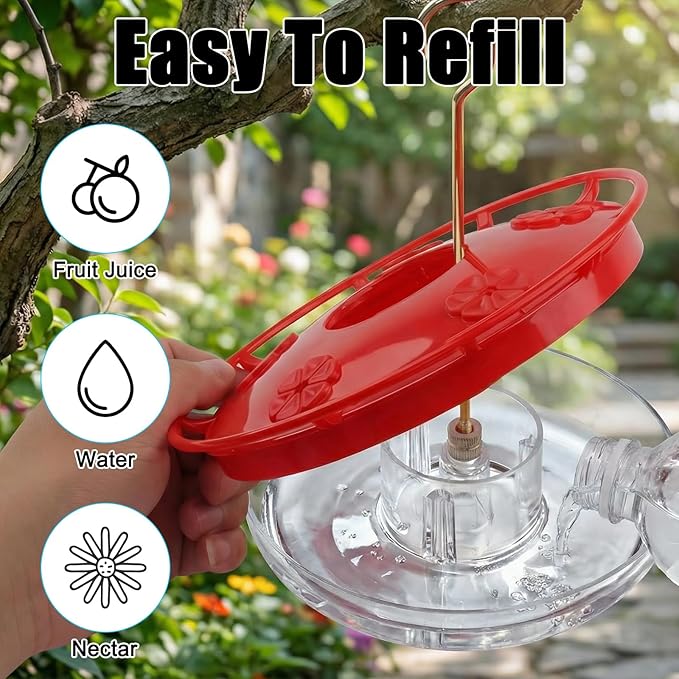FEED GARDEN 16oz Hummingbird Feeder for Outdoors - Leak-Proof Disc Design with Built-in Ant Moat, 5 Feeding Ports, Wide Mouth Easy Clean & Refill, Red Hanging Feeder for Garden