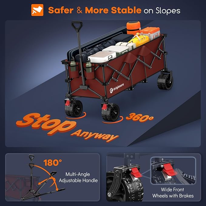 Originsure 48" L Collapsible Wagon Cart Foldable, 560lbs Weight Capacity 300L Heavy Duty Folding Beach Wagons with Big All-Terrain Wheels, Utility Carts for Groceries, Shopping, Camping, Sports-red
