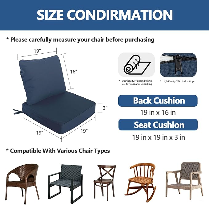 Goodgoods 19"x19" Outdoor Universal Cushion Set of 1 Water-Proof Stain-Resistant UV Resistant Weather Resistant High Resilience Foam Patio Cushions with Handles & Ties Navy Blue