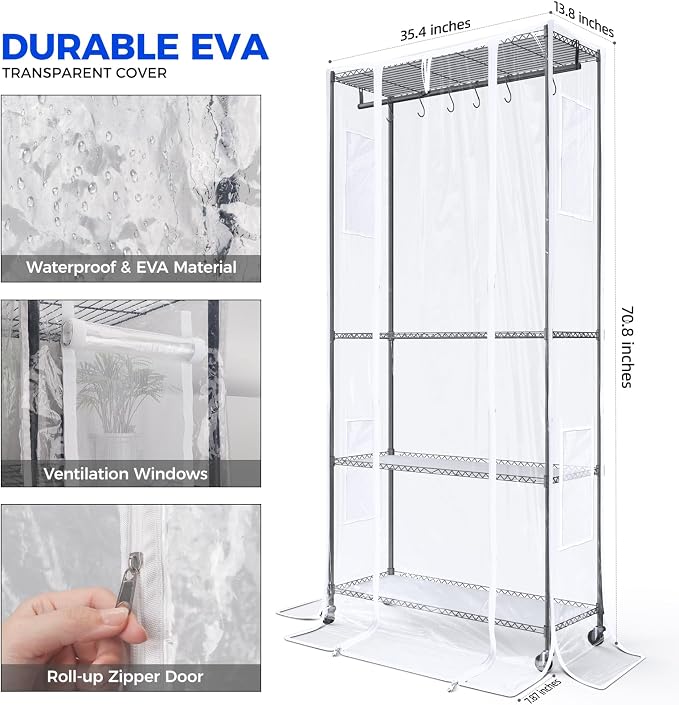 Barrina Indoor Greenhouse Tent, 36.2 × 14.6 × 78.7IN, High-Clarity, Zippered EVA Plant Stand Cover, 2 Ventilation Windows, Specifically Designed to Fit Barrina CX3Z/CX3/LP900 70.9IN Height Plant Stand