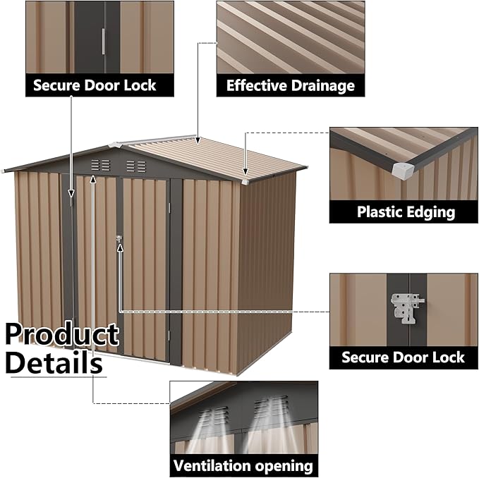 YOPTO 8x6 FT Outdoor Storage Shed,Waterproof Metal Cabinet with Apex Roof and Lockable,Storage Sheds House Shelter w/Vents,Tool House for Storing Bicycles,Lawnmowers,Brown