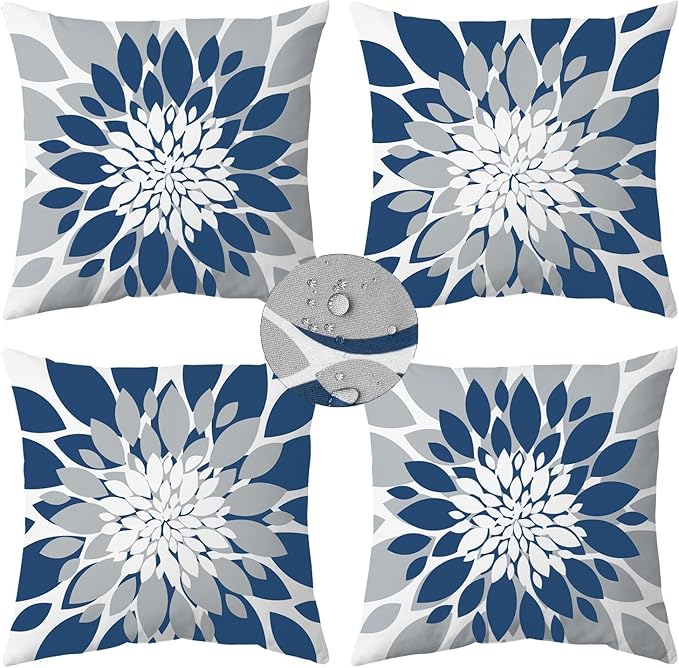 Qahing Pack of 4 Outdoor Waterproof Pillow Covers 24x24 Decorative Outdoor Throw Pillows Garden Square Cases for Patio Furniture, Couch, Tent Sunbrella, Bench, Blue Grey