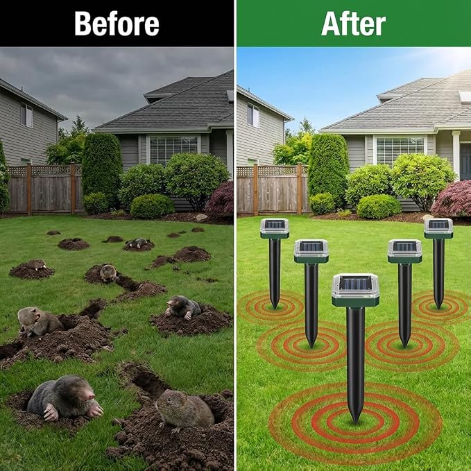 Solar Powered Mole Repellent Stakes, 10 Pack Round Design – Ultrasonic Outdoor Pest Deterrent for Voles, Groundhogs, Snakes & Chipmunks, Waterproof Lawn & Garden Control, Pet Safe