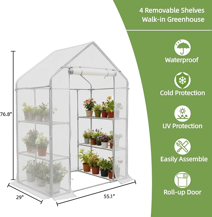 Walk-in Greenhouse 55*29*77in - Heavy Duty Outdoor Plant Shelter with Steel Frame & Durable PE Cover, Easy Assembly Garden Greenhouses for Patio/Lawn to Protect Plants from Frost & Rain