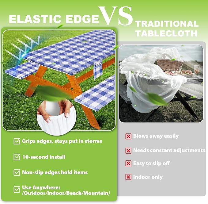 Picnic Table Cover with Bench Covers Vinyl Elastic Edges Fitted Rectangle Seat Tables Waterproof 3-Piece72X30in Set Outdoor Rectangular Folding Backing Tablecloth for Camping Over Size