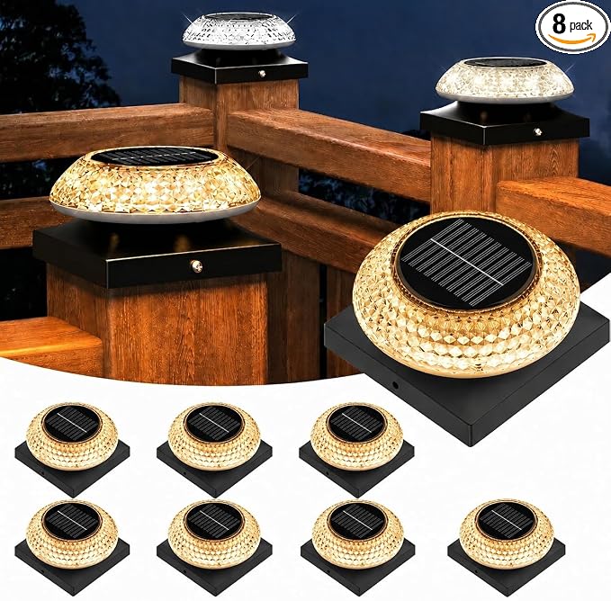 Solar Post Cap Lights 8 Pack: Fence Post Solar Lights with 3 Lighting Modes & Round Lampshade for 3.5x3.5,4x4,Wood & Vinyl Posts - Waterproof Outdoor Deck Post Light for Garden/Patio