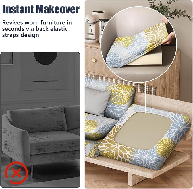 8Pcs Patio Stretch Cushion Covers, Outdoor Couch & Sofa Replacement Slipcovers for Patio Furniture Cushion Covers, Washable Reusable Furniture Protector, Square Large, Floral