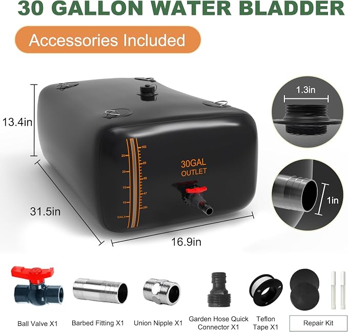 30 Gallon Water Bladder, 1000D PVC Foldable Portable Water Tank, Black Large Capacity Water Bag Container for Camping, Garden, Agricultural Irrigation, Drought Resistance, Emergency Supply