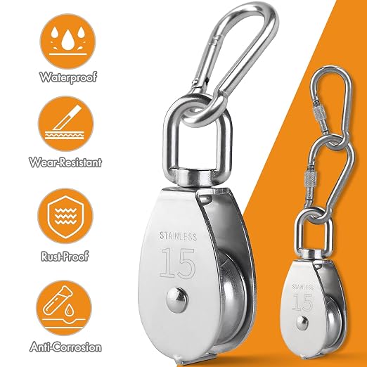 LAIWOO M20 Stainless Steel Pulley System Kit-Heavy-Duty Pulley Wheel, Pulley Block with Nylon Rope, Hooks, Eye Pad Plate, and Rope Cleat - Ideal for Lifting, DIY Projects, and Clothesline (2 Pack)