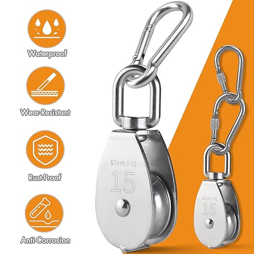 LAIWOO M15 Stainless Steel Pulley System Kit-Heavy-Duty Pulley Wheel, Pulley Block with Nylon Rope, Hooks, Eye Pad Plate, and Rope Cleat - Ideal for Lifting, DIY Projects, and Clothesline (2 Pack)