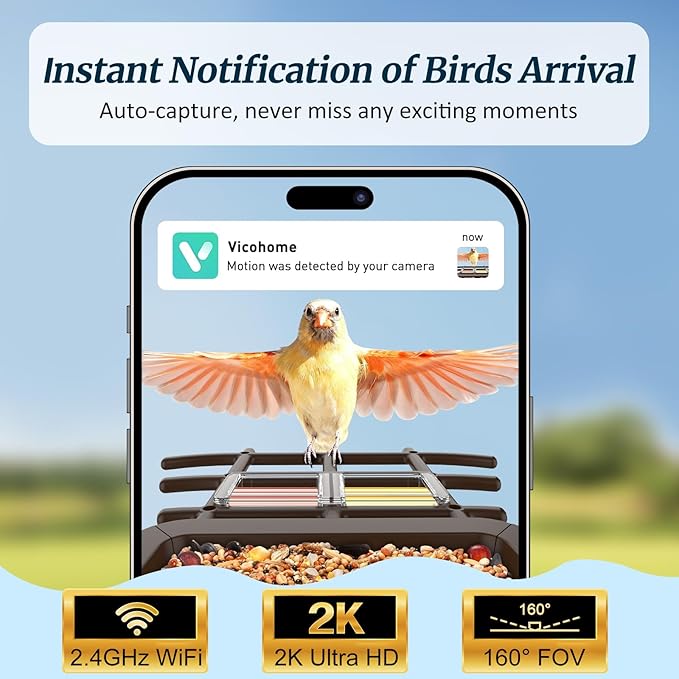 Bird Feeder with Camera, Solar Powered Smart Bird Feeder Camera Outdoor, 2K HD Live Video, Motion Detection Alerts, 2.4GHz WiFi, IP65 Waterproof, Bird Watching Gift for Backyard