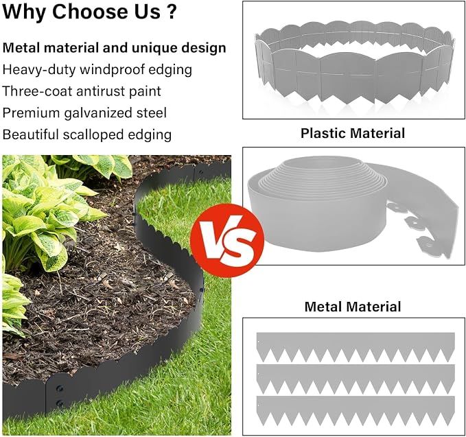 Black Steel Landscape Edging 20FT Kit – Metal Garden Edging with Scalloped Design, 10 Inch Galvanized Lawn Edging for Raised Garden Beds & Flower Bed Borders