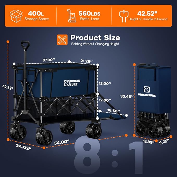 Originsure 400L Double Decker Wagon Collapsible with 54" L Tailgate, 560lbs Heavy Duty Carts Foldable, Extra Large Folding Beach Wagon with Big All-Terrain Wheels for Camping, Sports, Groceries, Blue