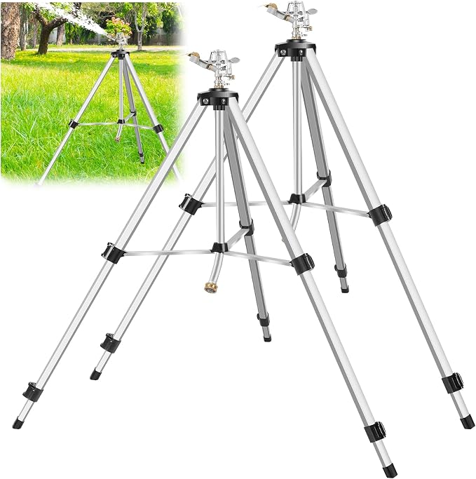 Heavy Duty Impact Sprinkler on Tripod Base,2 Pack 50 Inch Tripod Sprinkler with Brass Nozzle for Yard Large Area,Extra Tall 360 Degree Rotating,Waters Up to 90 Ft,Legs Extend Up to 50"