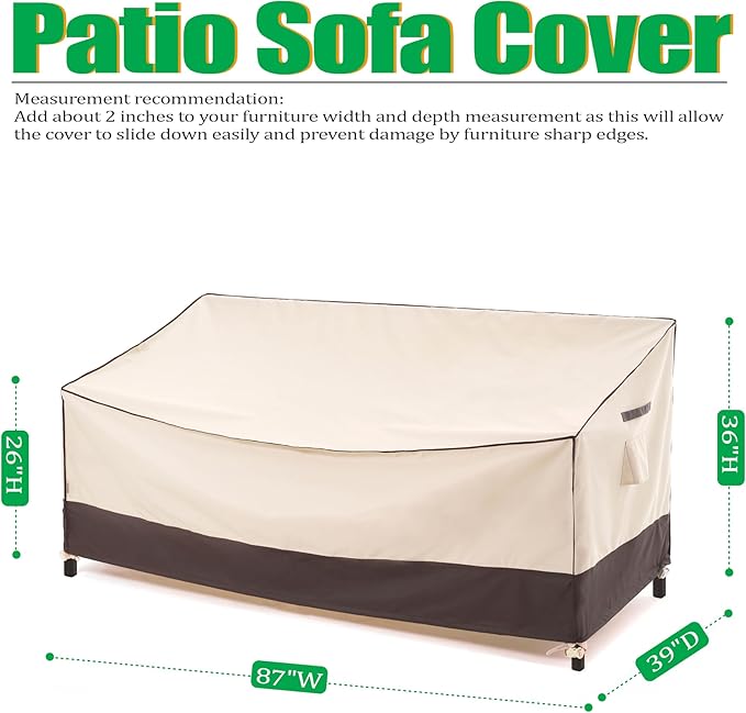 F&J Outdoors 3 Seater Patio Sofa Cover Waterproof Heavy Duty Outdoor Couch Cover, 87" W x 39" D x 36" H