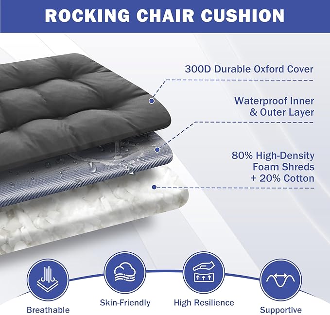 IPYNBAP Rocking Chair Cushion, Waterproof and Fade-Resistant Patio Chair Cushions, Tufted Chair Pads for Rocker Furniture, 17x17 Inch, Indoor/Outdoor Seat Cushions with Ties, Dark Grey