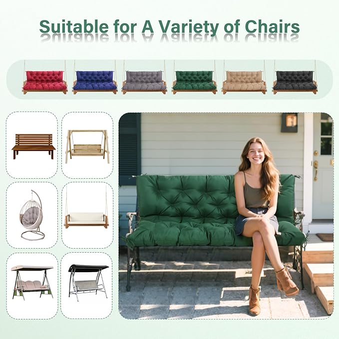 Waterproof Porch Swing Cushions 60 Inch,2 3-Seater Replacement for Outdoor Furniture with Backrest and Straps, Thick 4" Swing Seat Bench Cushion for Loveseat Glider Bench Patio Lawn Backyard