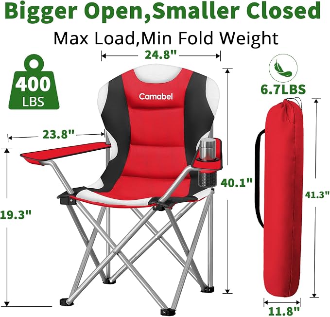 Camabel Folding Camping Chairs 400 LBS Oversized Heavy Duty Padded Beach Chair Portable Outdoor Lawn Chairs with Cup Holder Carry Bag for Sporting Hiking Picnics Fishing Red