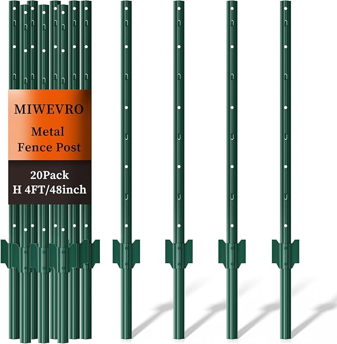 20 Pack Metal Garden Fence Posts 4 FT Green – Heavy Duty U-Post for Wire Fencing, No-Dig Fence Stakes for Temporary Fencing, Corner Anchor Posts, Rustproof Powder-Coated Steel for Farm, Yard & Garden