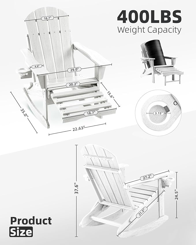 Folding Adirondack Rocking Chair Set of 2,4-in-1 Multifunctional Patio Chairs with Retractable Ottoman, Outdoor Chairs Wood Texture, Lawn Chair for Porch, Backyard, Pool(White)