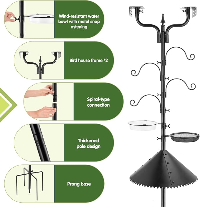 Upgraded Bird House Pole Squirrel Proof,Heavy Duty Bird Feeder Pole with Squirrel Baffle,4 Hooks,Wind-Resistant Water Bowl,Mesh Tray,Y-Shape Platform for Yard Garden Backyard(Not Include Birdhouse)