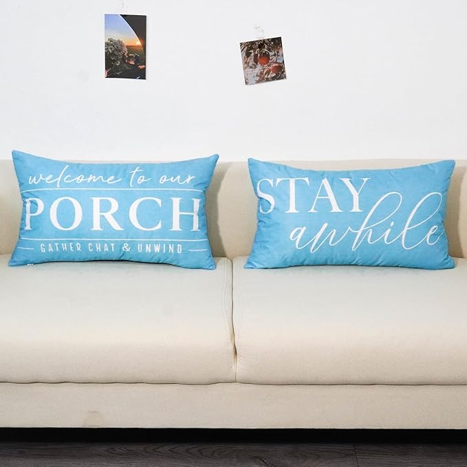 TAJWE Blue Outdoor Pillow Covers Waterproof 12x20 Set of 2 Welcome to Our Porch Stay Awhile Cushion Cases for Patio Furniture Sofa Couch Decor