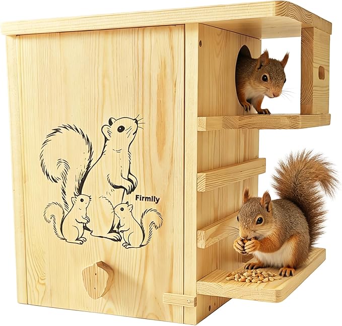 Extra Large Outdoor Squirrel House, Wooden Nesting Box | 0.7-inch pine with weather-resistant finish, external platform, front porch, ventilation and easy tree or fence mounting