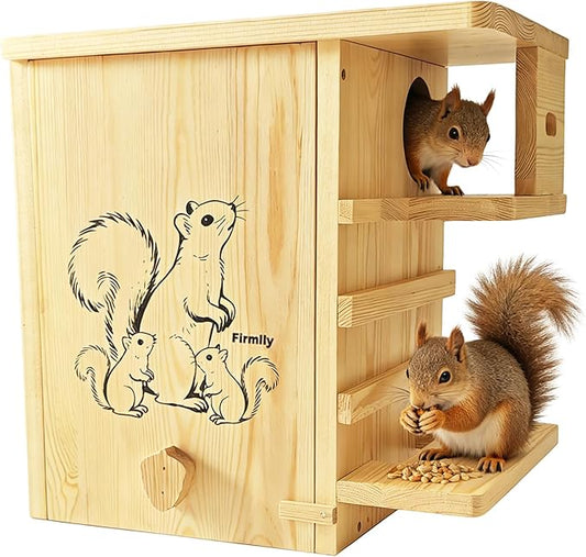 Extra Large Outdoor Squirrel House, Wooden Nesting Box | 0.7-inch pine with weather-resistant finish, external platform, front porch, ventilation and easy tree or fence mounting