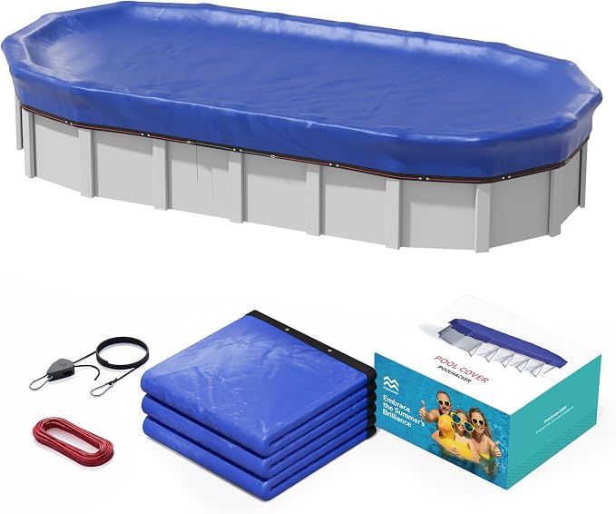 POOLHACKER 12x24 FT Oval Pool Cover – 420D Extra Thick Winter Pool Cover for Above Ground Pools, 4 Ft Overlap with Pulley & Cable