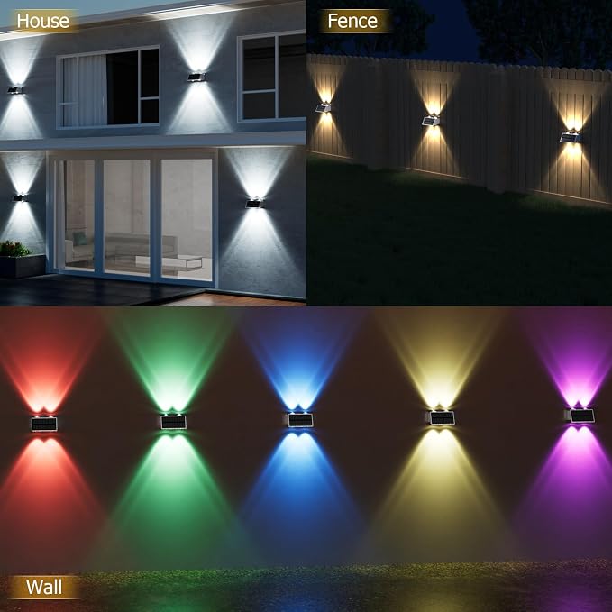 Solar Fence Lights Outdoor, 6 Pack Waterproof LED Warm & Cool White RGB Wall Mount Sconce Dusk to Dawn Up & Down Fence Light Solar Powered for Outside Garden Patio Backyard Garage(White)