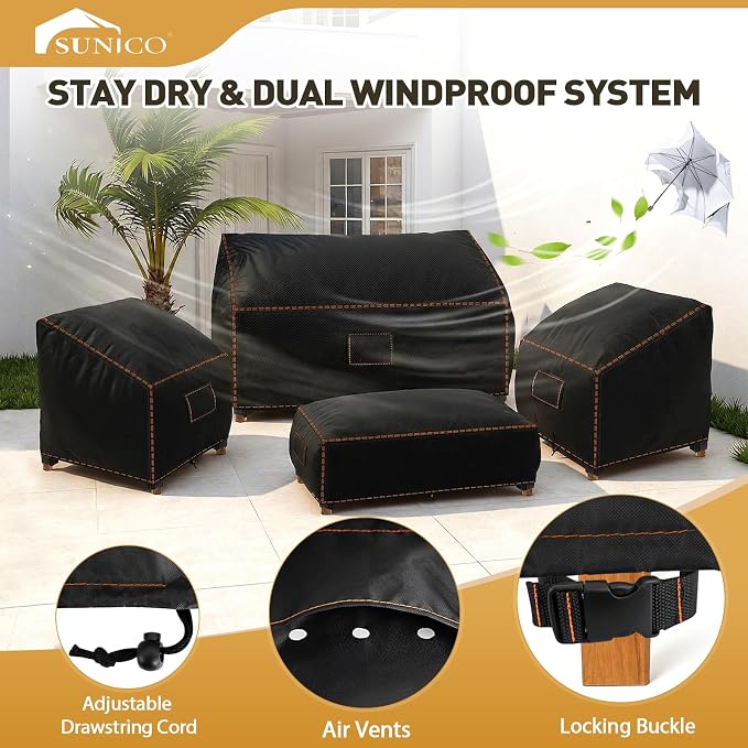 SUNICO Outdoor Patio Furniture Covers Set, 4 Piece Patio Covers for Outdoor Furniture Waterproof, 420D Patio Set Covers, UV Fade Protection, Tear-Resistant, Black