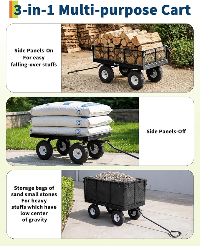 Garvee Versatile Outdoor Utility Cart-800LBS Heavy-Duty, 10" All-Terrain Pneumatic Tires, Easy Maneuverable Lawn Cart with Removable Mesh Panels for Gardening&Landscaping, Black, with Waterproof Liner