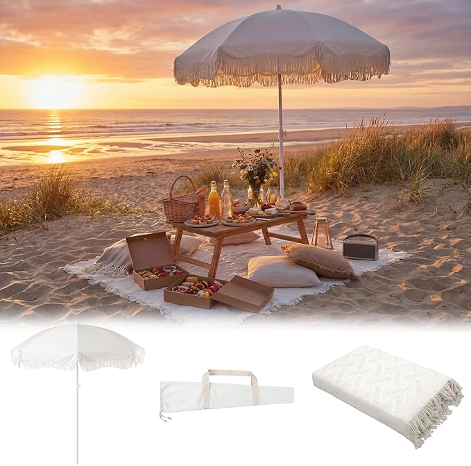 6.5 Ft Fringe Patio Umbrella and 71"x 91" Extra Large White Picnic Blanket UPF50+ Outdoor Tassels Ruffles Beach Umbrella with Steel Pole for Camping Patio Lawn Beach Park