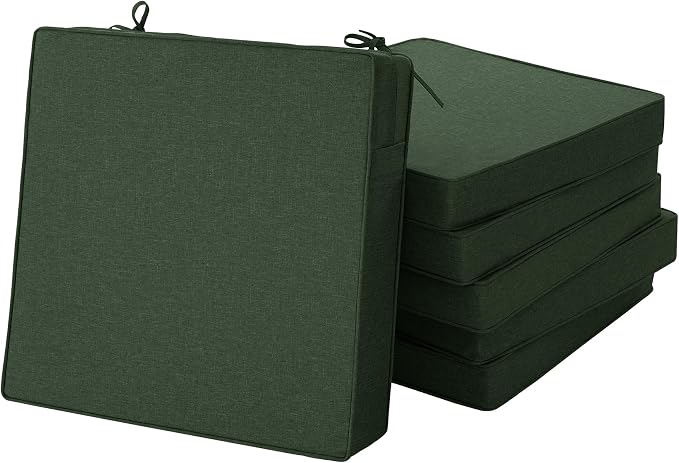 Outdoor Chair Cushions, Water-Resistant & Fade-Resistant, Patio Furniture Seat Replacement Chair Pads with Ties Zipper, Removable Cover, Non-Slip Bottom, Set of 6, 17 x 16 Inch, Olive Green