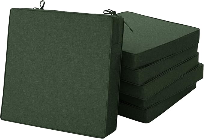 Outdoor Chair Cushions, Water-Resistant & Fade-Resistant, Patio Furniture Square Seat Replacement Chair Pads with Ties, Removable Cover, Non-Slip Bottom, Set of 6, 24 x 24 Inch, Olive Green