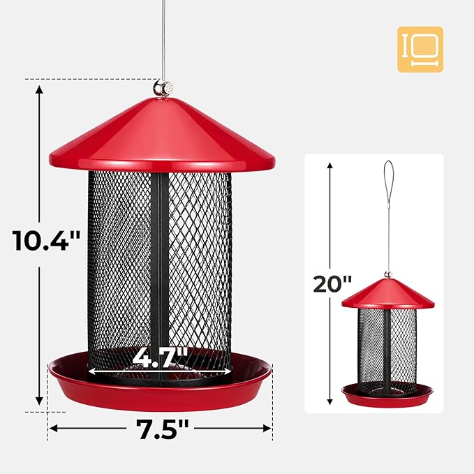Veehoo Metal Bird Feeder for Outdoors-Dual Seed Chambers & Wild Bird Feeder Hanging Bird Feeder for Outside, Mesh Tube Feeder with Weatherproof Roof for Cardinal Bluebird Finch, Red