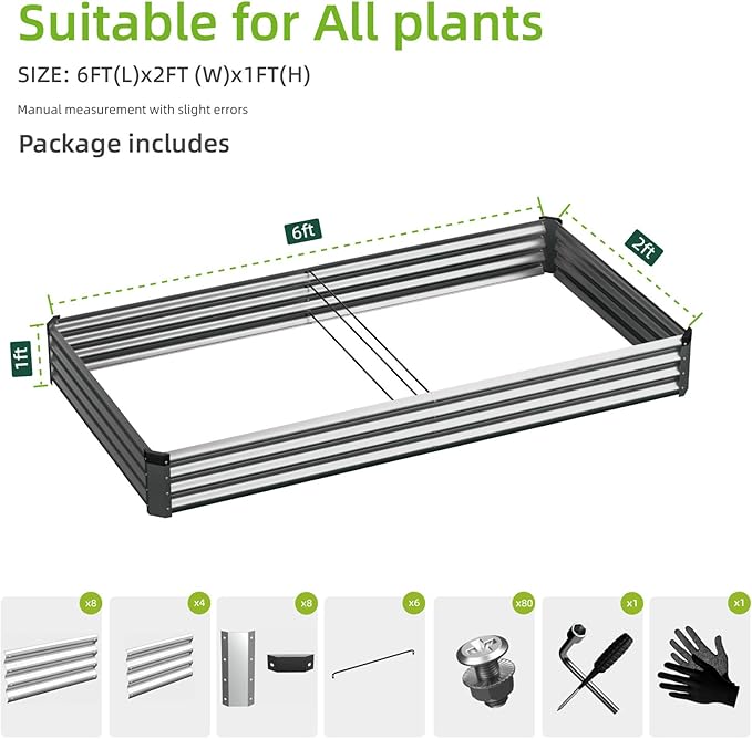 2PCS 6x2x1 FT Rectangle Metal Raised Garden Bed Kit, Elevated Garden Planter Box Outdoor, Large Planters for Outdoor Plants, Flower, Vegetables, Fruit, Herbs (Silver)