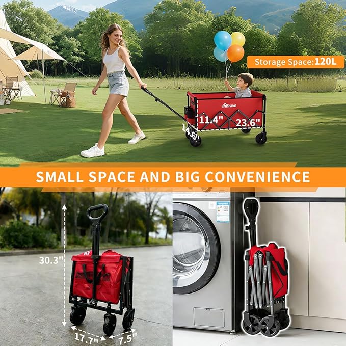 Collapsible Wagon Cart, 380LBS Heavy Duty Utility Wagons with All-Terrain Wheels, Foldable Grocery Carts for Gardening, Shopping, Beach, Camping,Red