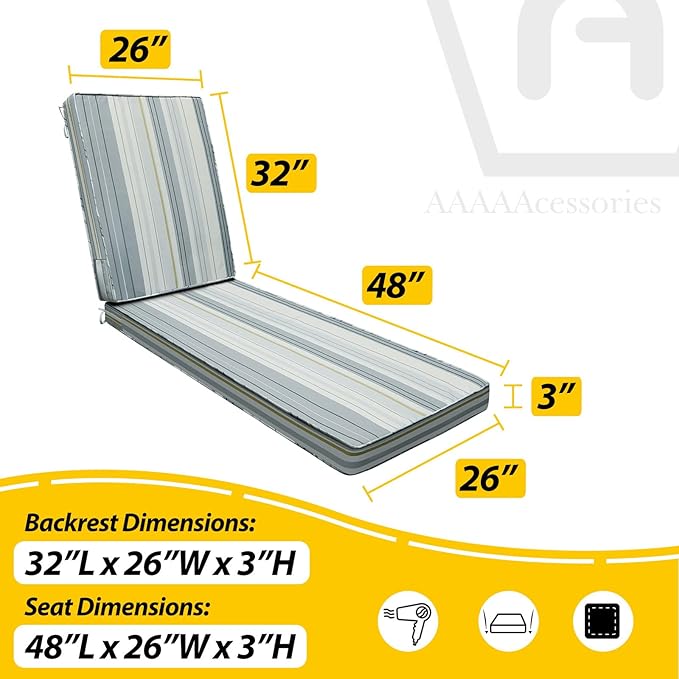 AAAAAcessories Outdoor Chaise Lounge Cushions, Fade-Resistant, Waterproof Patio Furniture Replacement Cushions, 80" x 26" x 3", Ash Blue Harbor Stripe