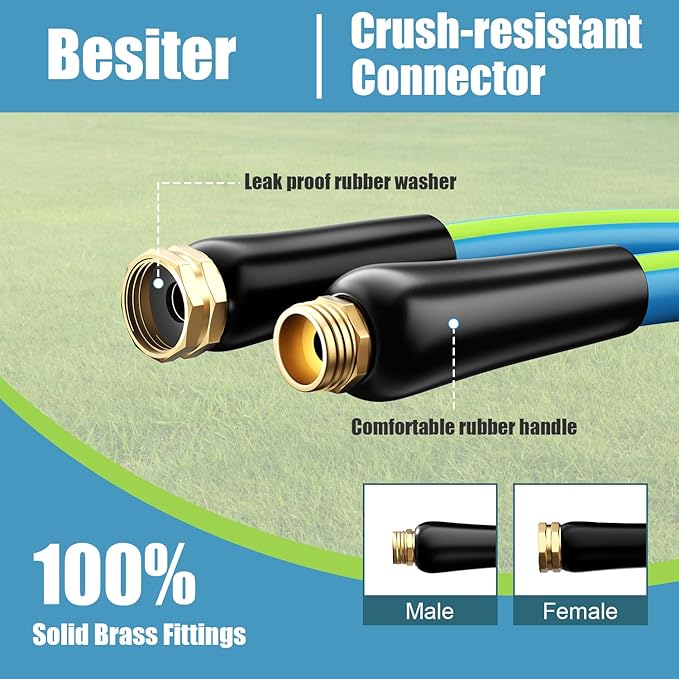 Besiter Heavy Duty Garden Hose 5/8" 50FT: Flexible Rubber Water Hose with 10 Function Sprayer - Leakproof Hose Male to Female Fittings - Durable Hose for Yard, Lawn, Car Wash, Outdoor, Watering, Green