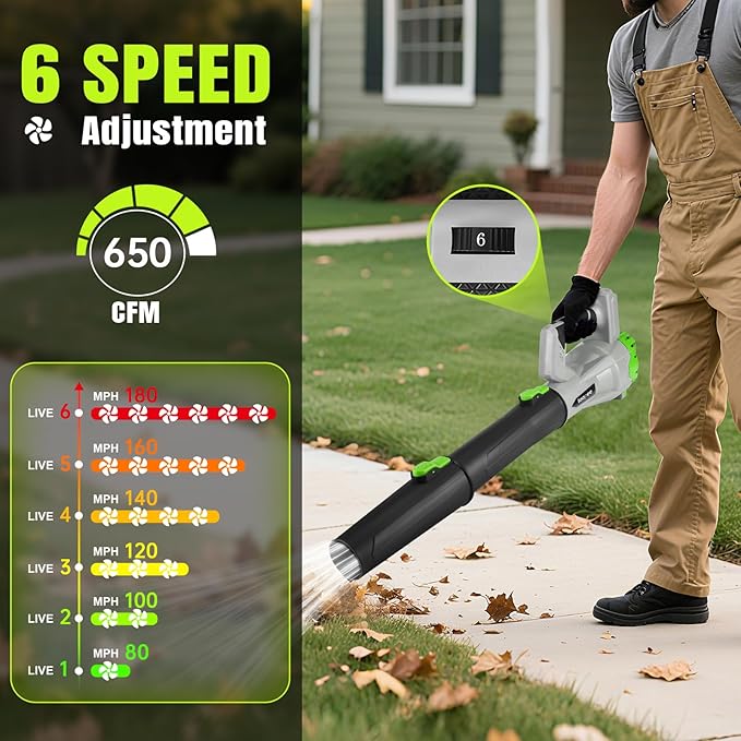 Leaf Blower Cordless,Electric Leaf Blower with 2 4.0Ah Battery Powered and Fast Charger, Cordless Blowers for Lawn Care and Car Dust Snow Blower,6 Speed Control,Grey