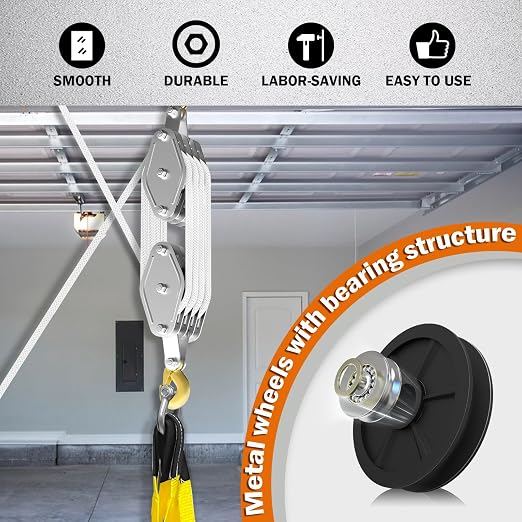 YATOINTO Rope Pulley Hoist 4400 LB, Pulley Block with 3/8" Shackle and 2PCS Lift Sling, 8:1 Lifting Power Block and Tackle Pulley System, 65ft Heavy Duty Rope Hoist for Garage Warehouse Constructions